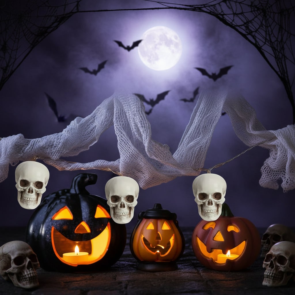 Set of 10 Miniature Skull Decorations for Halloween Festivities