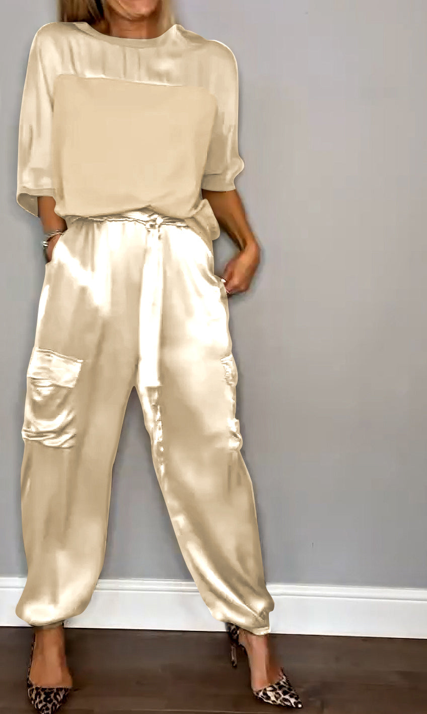 Satin Suit Set with Half Sleeves and Trousers, Two-Piece Outfit