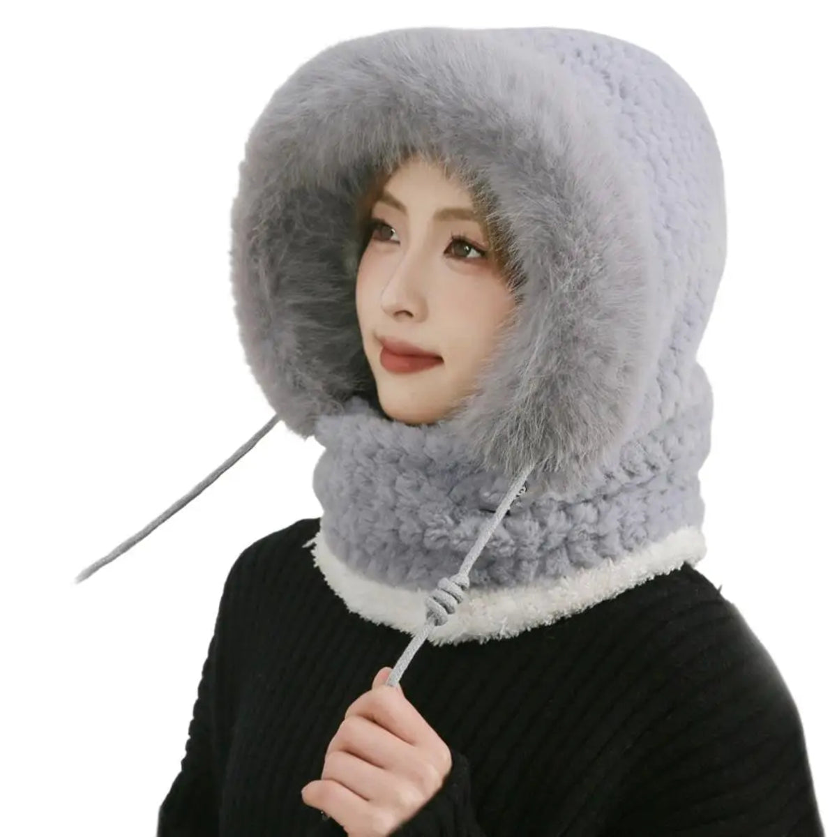 Thermal Hooded Scarf and Plush Hat Set for Women - Windproof with Ear Coverage