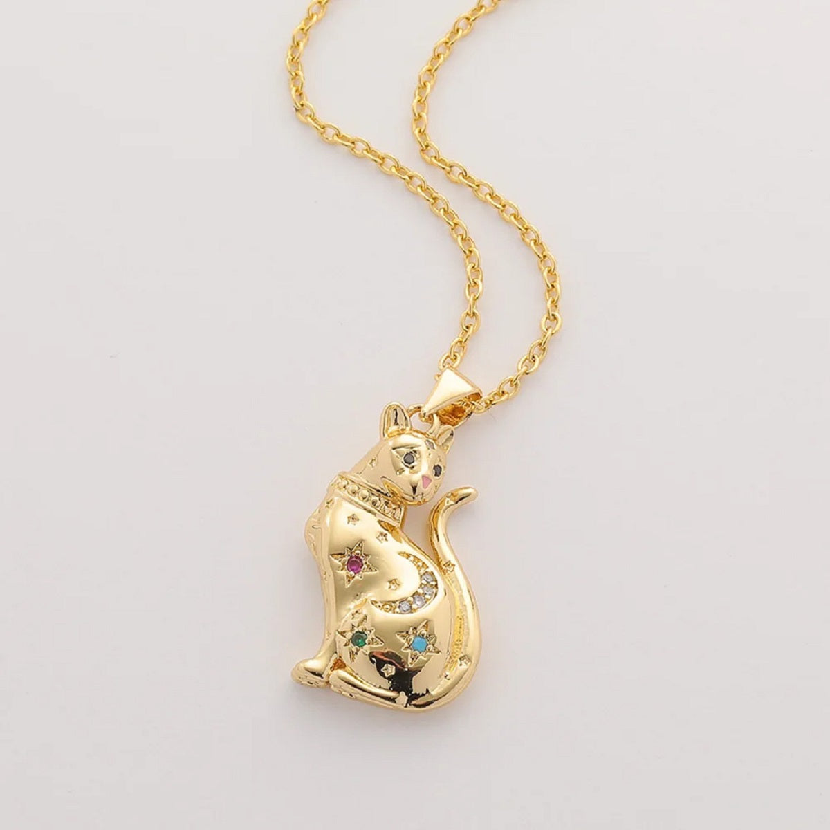 925 Sterling Silver Cat Necklace with Star in Gold Finish