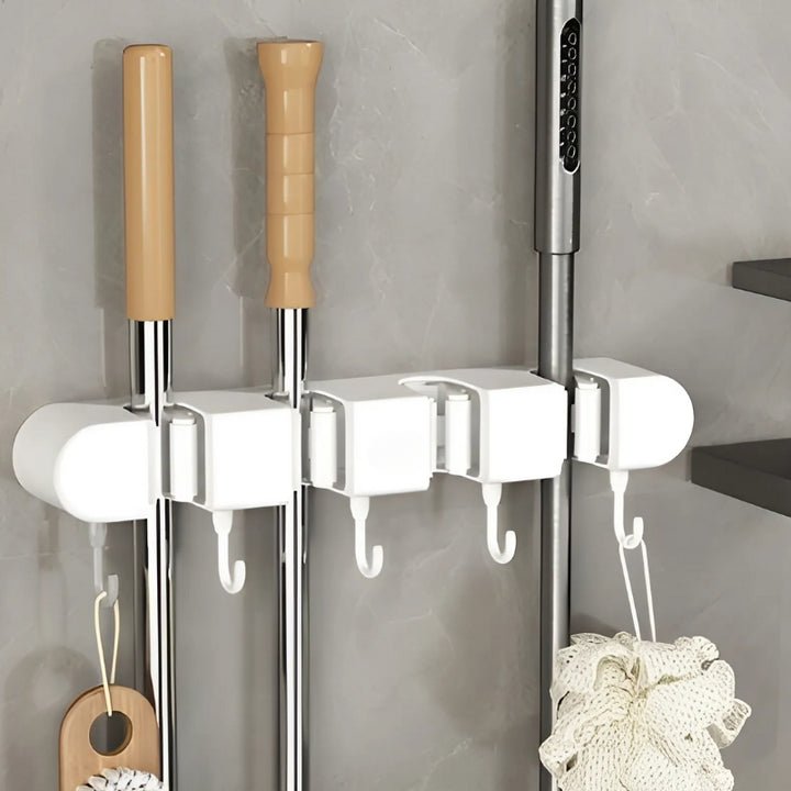 Space-Saving Wall Organizer for Brooms & Mops with Hooks