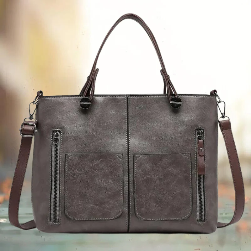 Chic Leather Tote with Convenient Front Pockets