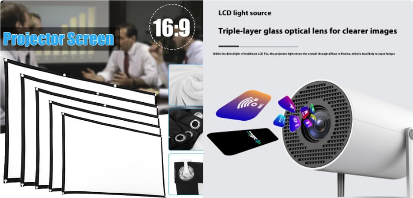 Compact Projector with Rotating Stand & Outdoor Screen