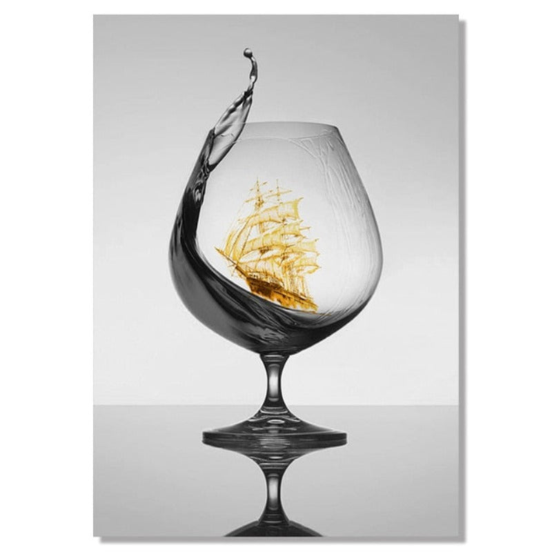 Boat Wall Art Canvas Painting with Black Wine Glass Design
