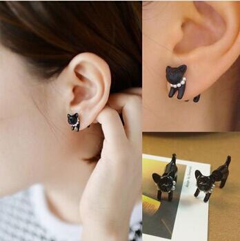 Stud Earrings Featuring a Black Cat Design