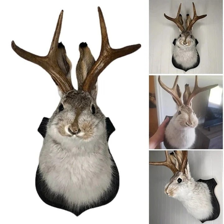 Whimsical Jackalope Head Mount on Rustic Wooden Display