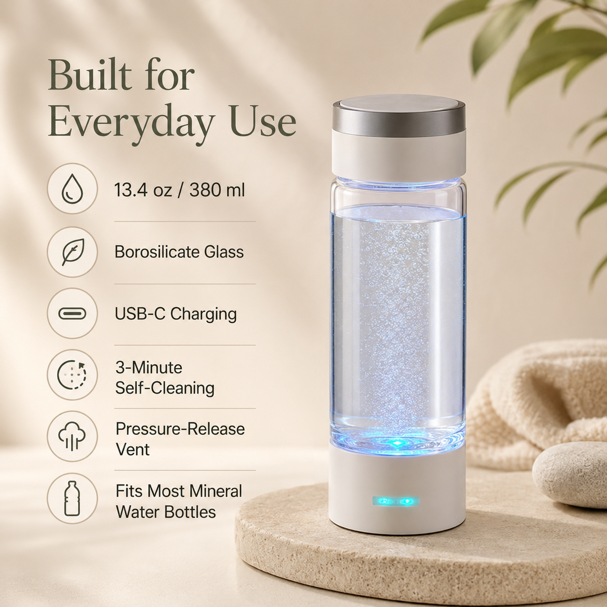 Hydrogen Water Generator Bottle 380ml | 1000–2000 PPB, USB-C, Inhalation Kit