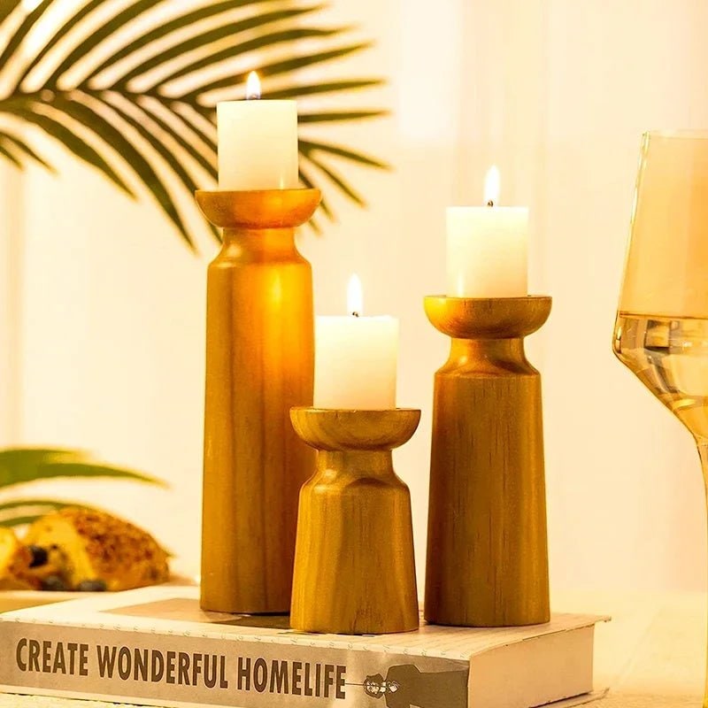 Elegant Trio of Wooden Candle Stands with Tapered Design