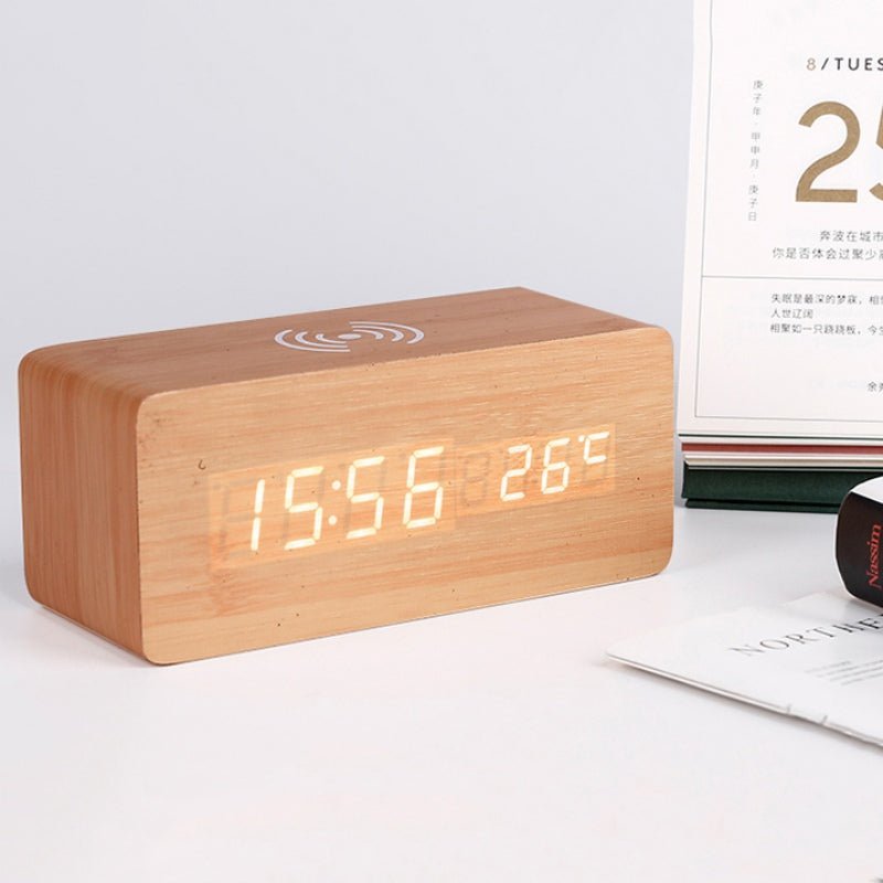 Wooden Alarm Clock with Wireless Charging Station