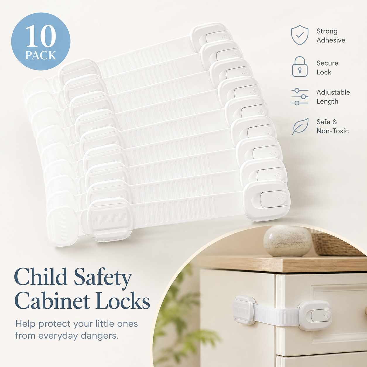 Child Safety Cabinet Locks Set of 10 with Adhesive Straps