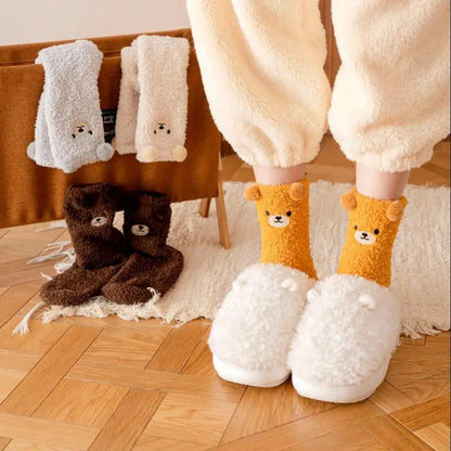 Warm Fuzzy Socks for Women | Soft & Plush | 3D Bear Print | Japanese-Korean Style