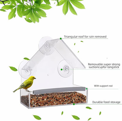 Window Bird Feeder with 3 Suction Cups | Clear Acrylic for Birdwatching | Open Design | Easy to Fill & Clean