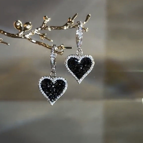 Elegant Black Heart Earrings with Dazzling Zirconia