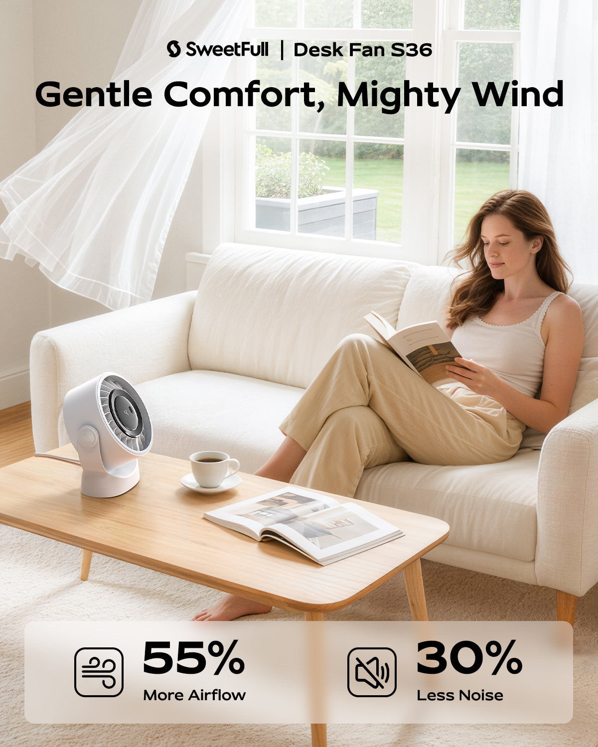 Desktop Fan with 4 Speeds and Smart LED Display – USB Rechargeable
