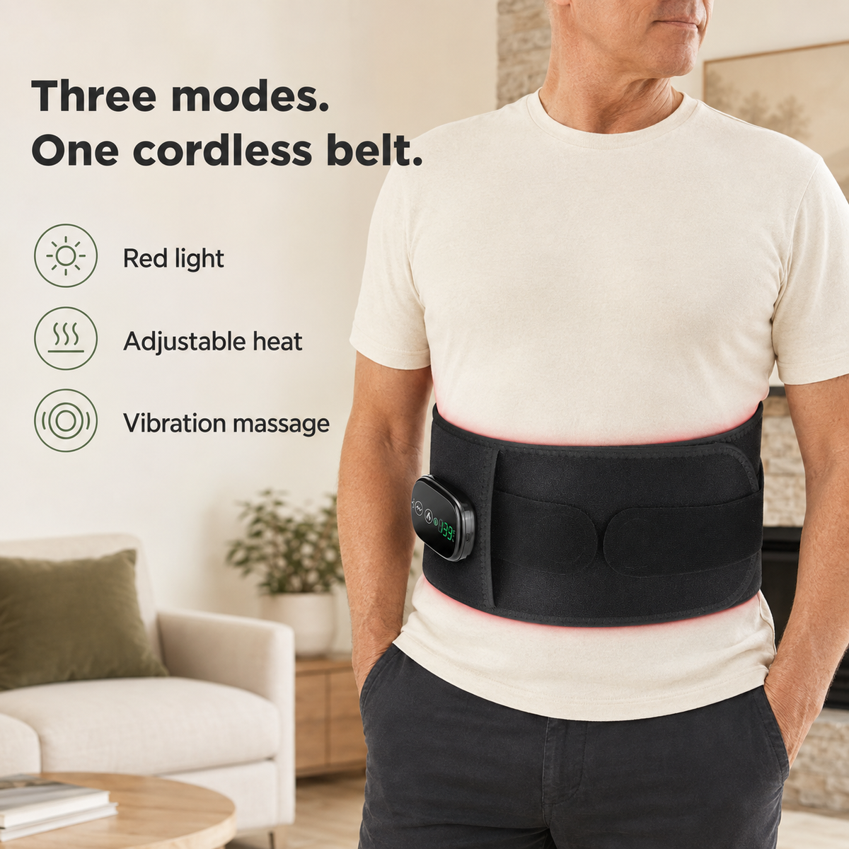 Heat and Vibration Red Light Therapy Belt - 100 LEDs, 5 Heat Settings, 3 Speeds