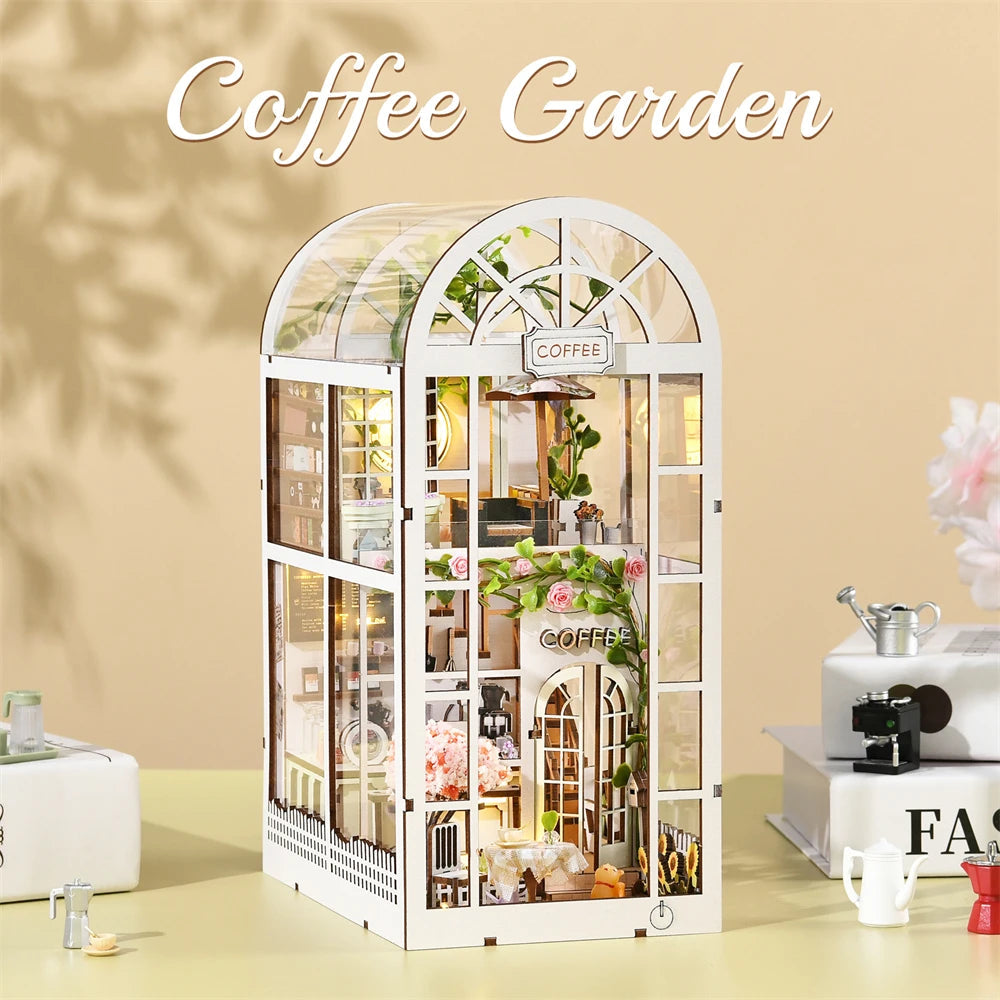 DIY Bookshelf Niche - 3D Miniature Coffee House Wooden Kit with LED Lighting - Creative Bookshelf Diorama & Gift Idea
