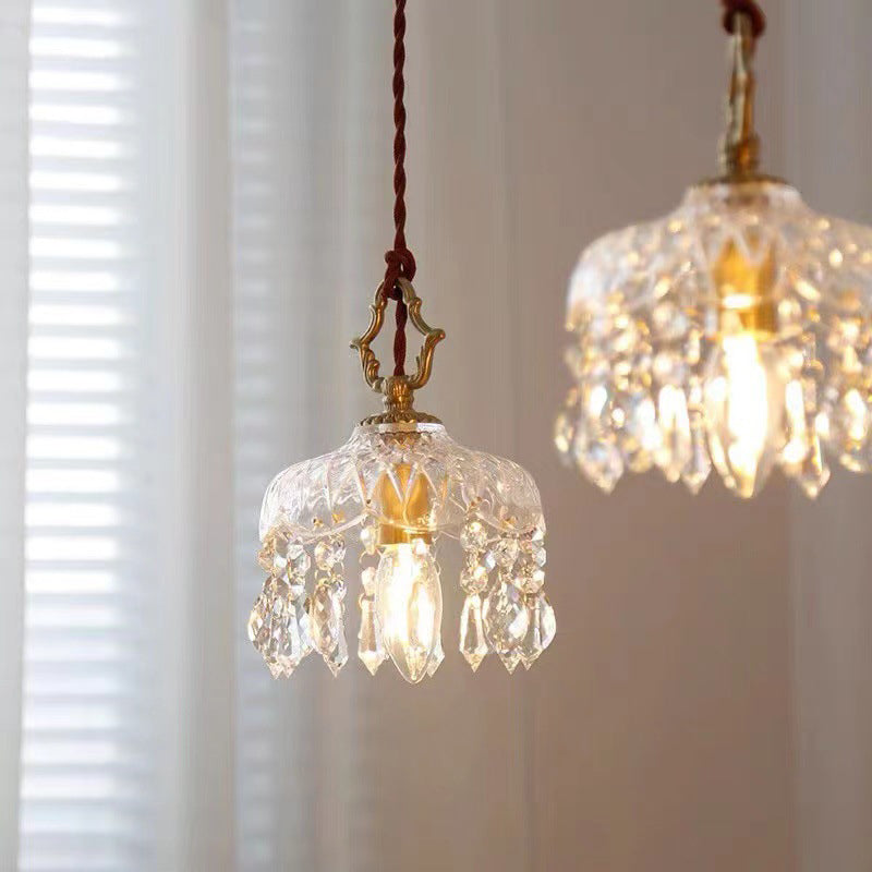 Floral Pendant Light with Vintage Copper and Crystal Accents
