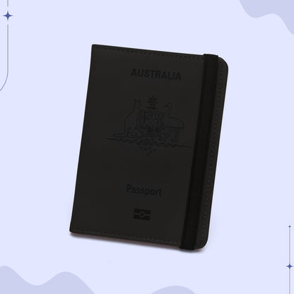 Travel Passport Holder in PU Leather with RFID Protection, Card Slots, Pen Holder, and Elastic Closure