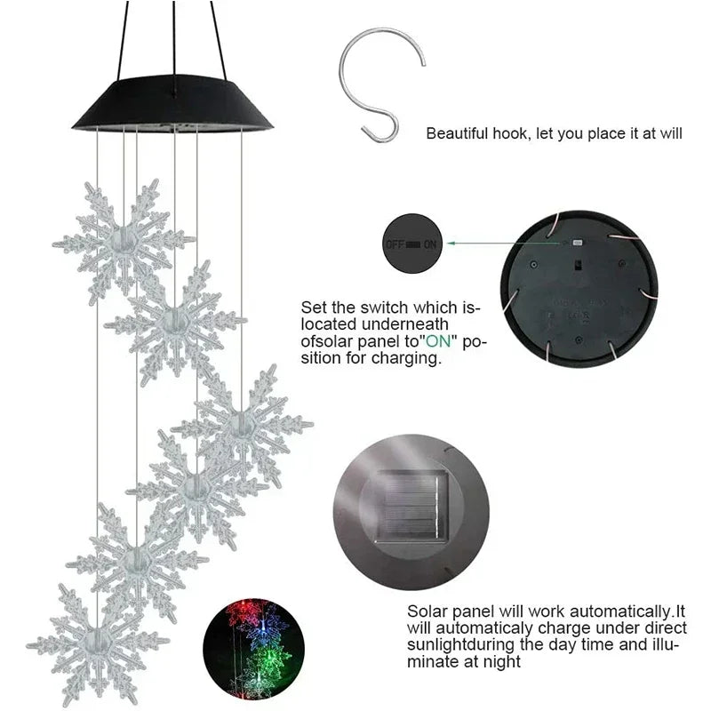 Solar-Powered Wind Chime with LED Snowflakes – Waterproof Hanging Light for Garden, Balcony & Patio