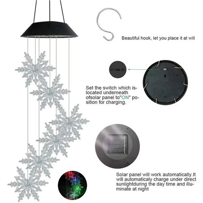 Solar-Powered Wind Chime with LED Snowflakes – Waterproof Hanging Light for Garden, Balcony & Patio