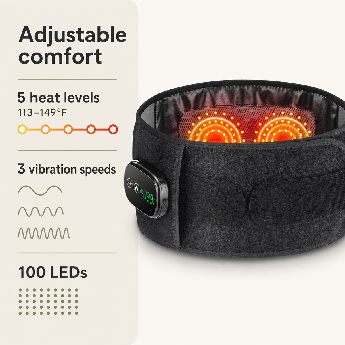 Heat and Vibration Red Light Therapy Belt - 100 LEDs, 5 Heat Settings, 3 Speeds