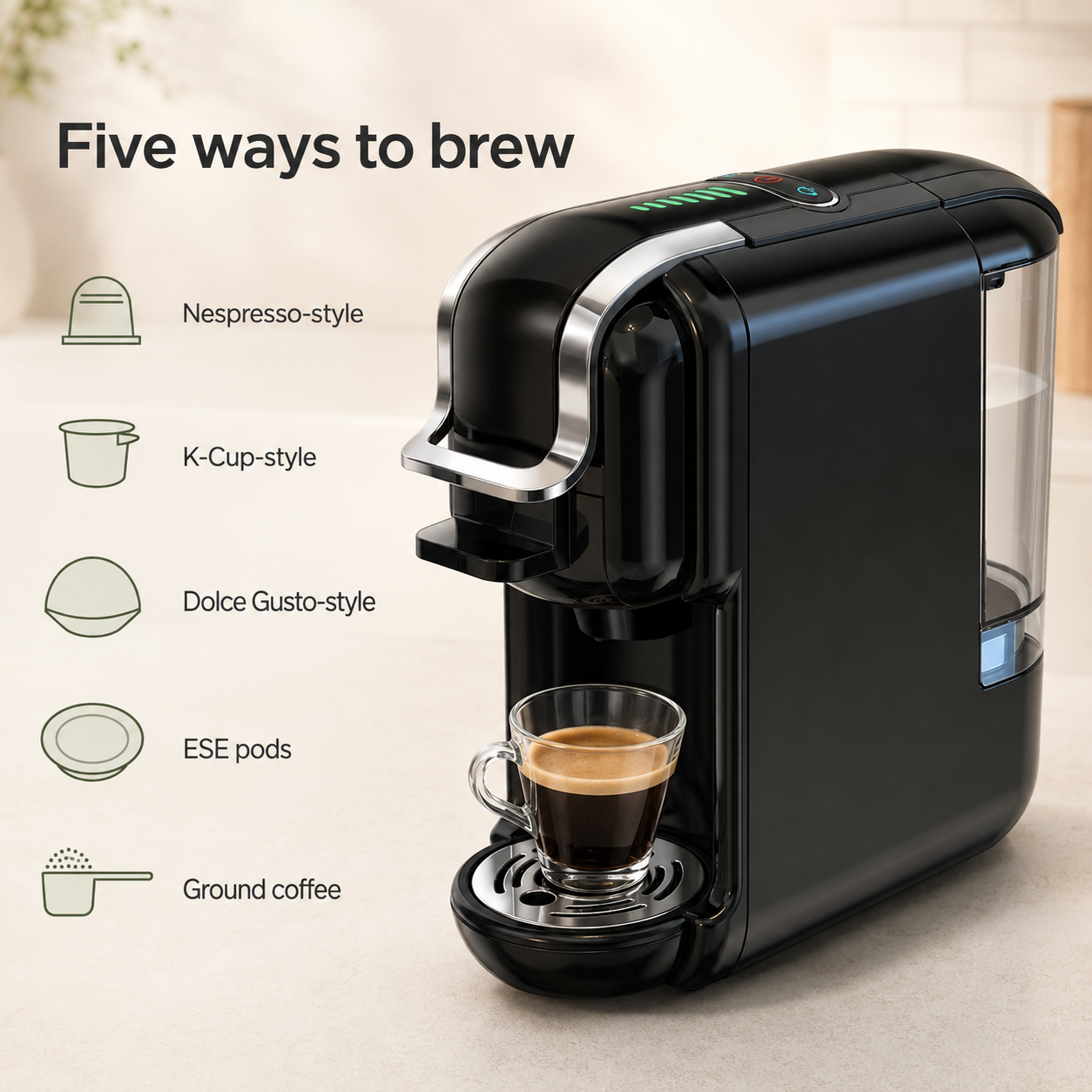 Versatile 5-in-1 Coffee Maker – Works with Nespresso, K-Cup, Dolce Gusto, ESE Pods, and Ground Coffee, 20-Bar Hot/Cold
