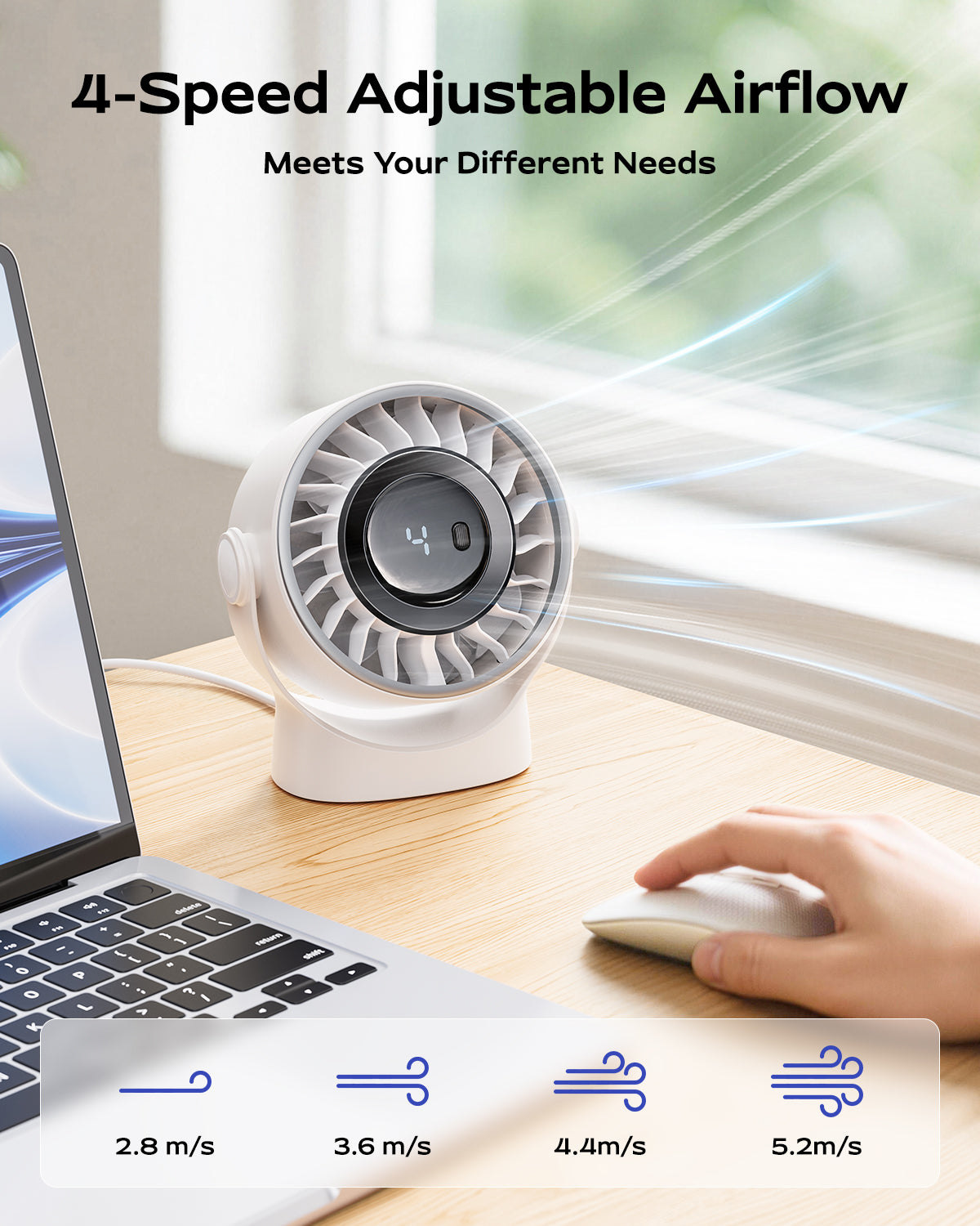 Desktop Fan with 4 Speeds and Smart LED Display – USB Rechargeable