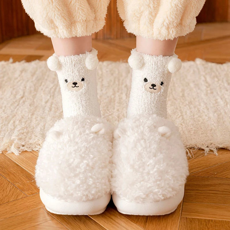Warm Fuzzy Socks for Women | Soft & Plush | 3D Bear Print | Japanese-Korean Style