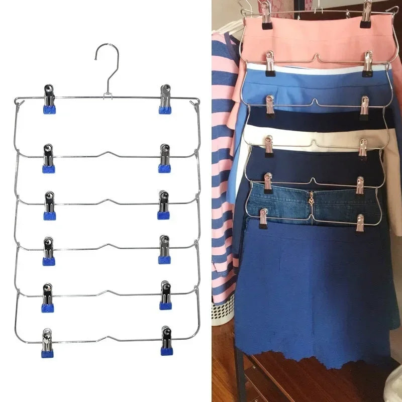 Stainless Steel Pants Hanger with 6 Levels | Multi-Layer Skirt & Pant Organizer | Space-Saving Design with 12 Clips