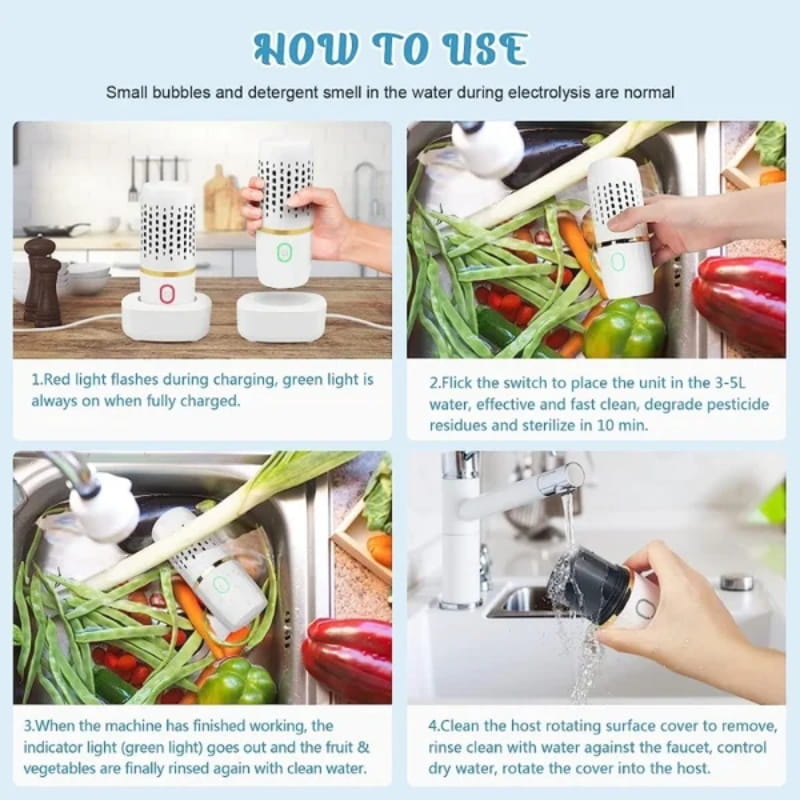 Instantly Eliminates 99% of Bacteria and Pesticides from Food