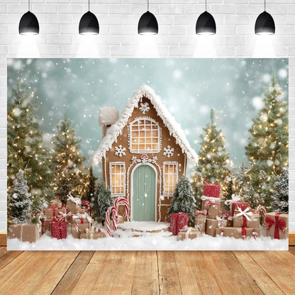 Christmas Photo Background - Snowy Landscape & Gingerbread House - Family & Kids Photo Shoot Decor - Polyester/Vinyl - 300×200 cm