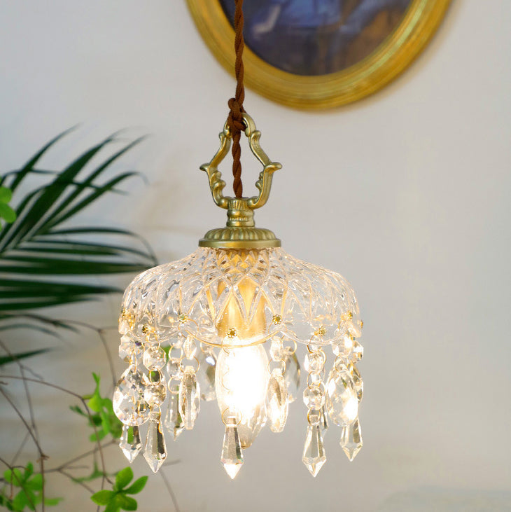 Floral Pendant Light with Vintage Copper and Crystal Accents