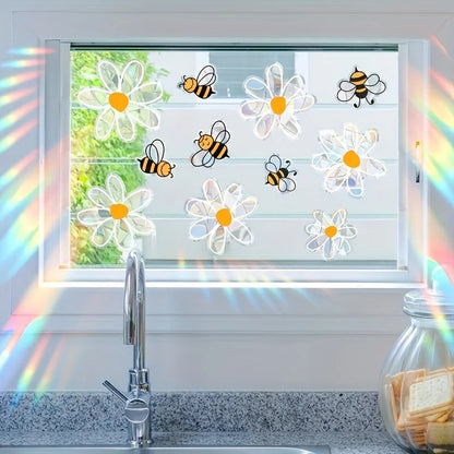 Spring Window Stickers | Colorful Bees & White Flowers | Double-Sided Static Glass Decor