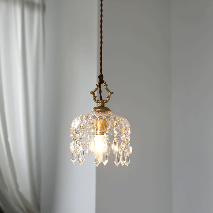 Floral Pendant Light with Vintage Copper and Crystal Accents