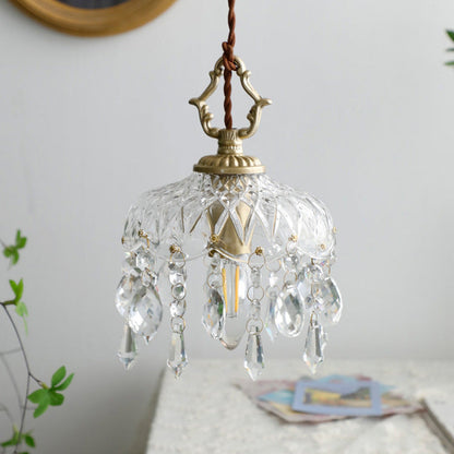 Floral Pendant Light with Vintage Copper and Crystal Accents