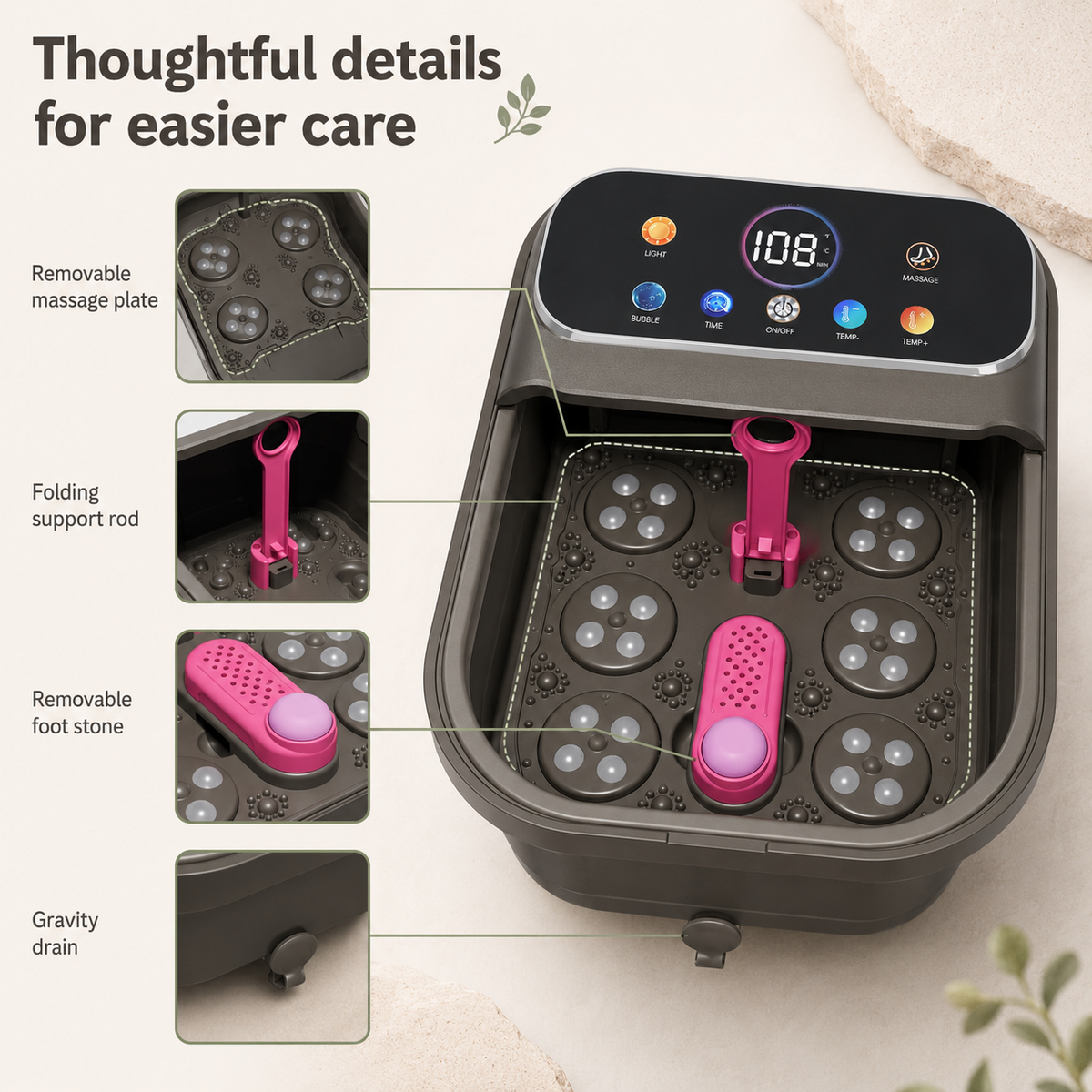 Portable Heated Foot Soak Massager with Bubbles, Rollers, Temperature Control, Remote, and Pedicure Stone