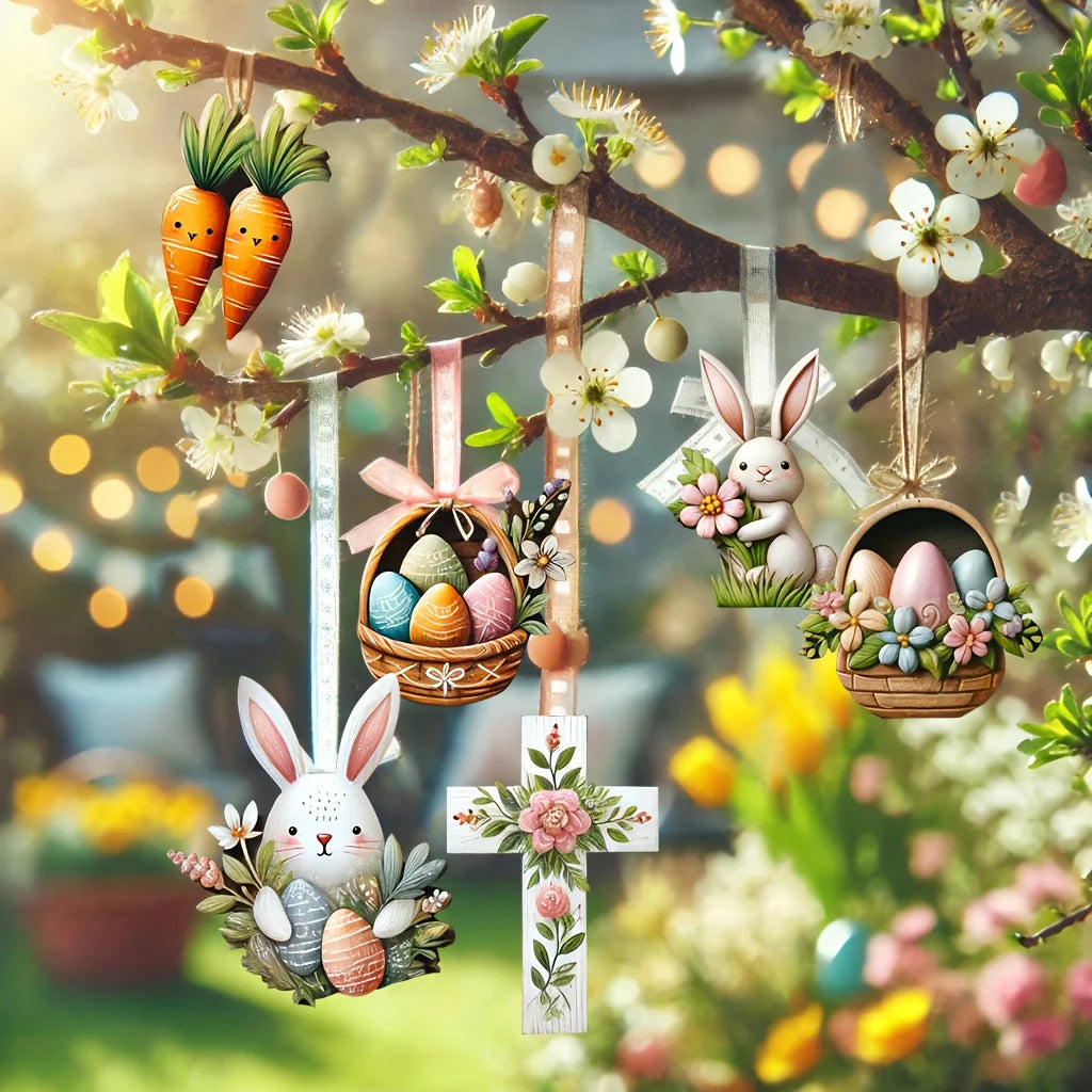 Spring Decoration Set - 12-Piece Wooden Hanging Ornaments with Bunny, Cross, Eggs, and Carrot Designs