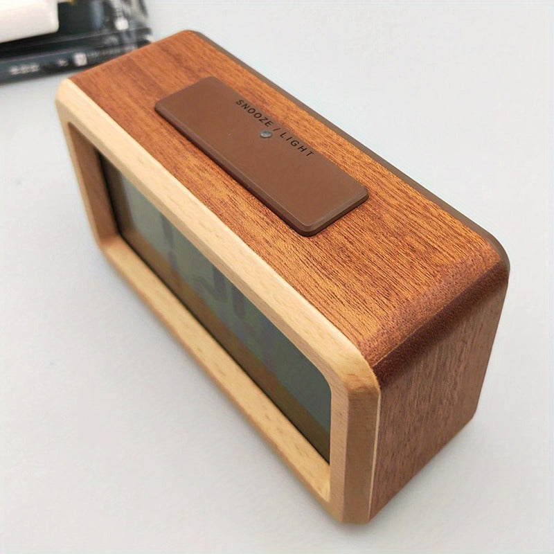 Alarm Clock with Wooden Design – Calendar and Temperature Indicator