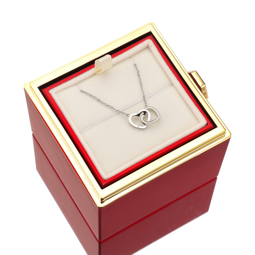 Jewelry Box with Eternal Rose and Heart Pendant – 14k White Gold & 18k Gold Finish