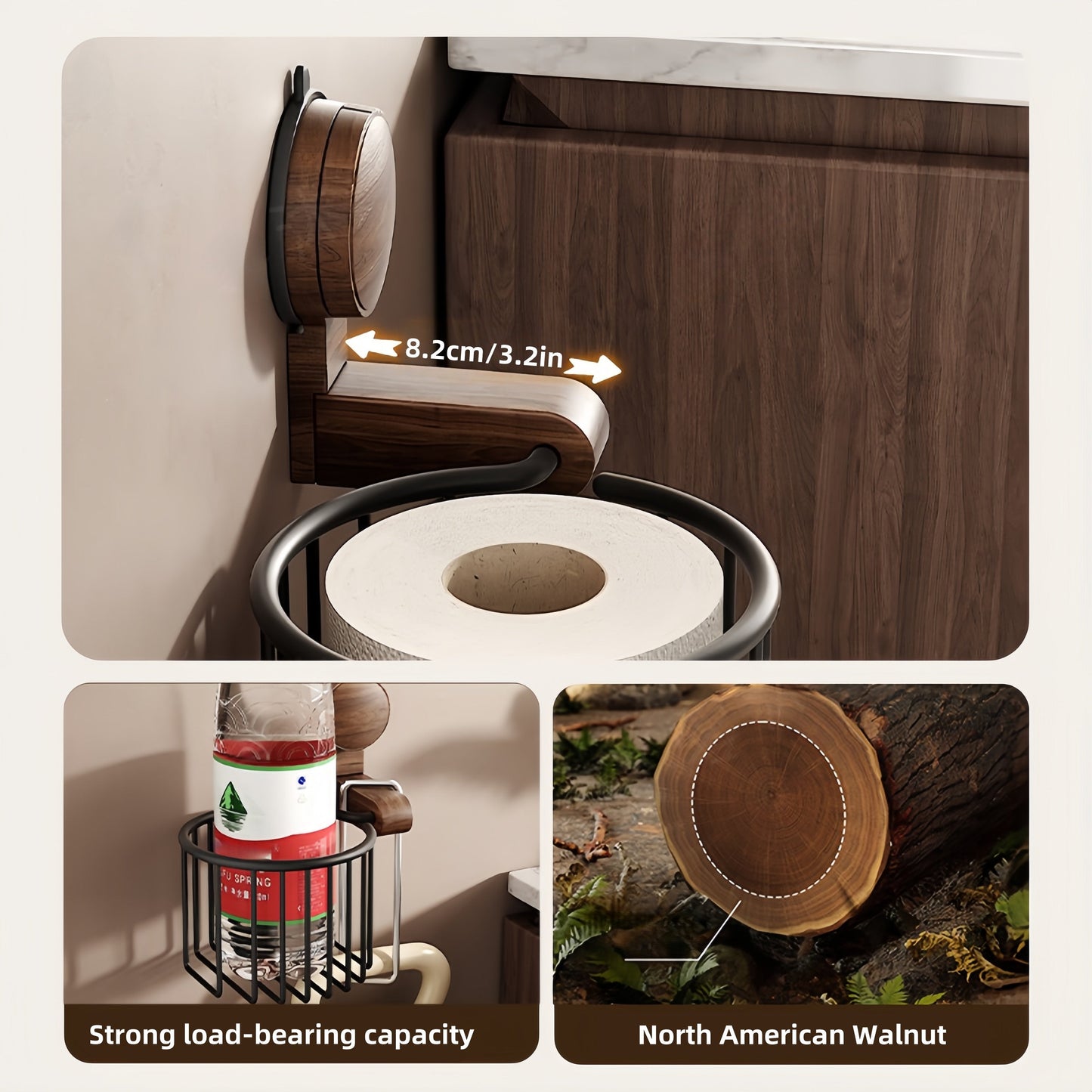 Drill-Free Toilet Paper Holder in Walnut Wood - Suction Cup Design