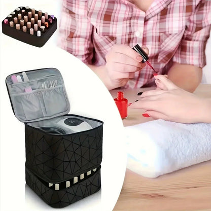 Portable Cosmetic Bag for Women | Double-Tier Nail Polish Holder | Travel Case