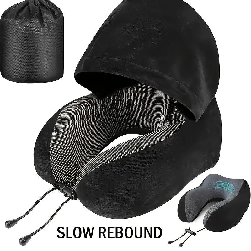 Memory Foam U-Shaped Neck Pillow with Hood | Removable Cover | 25x23x15 cm