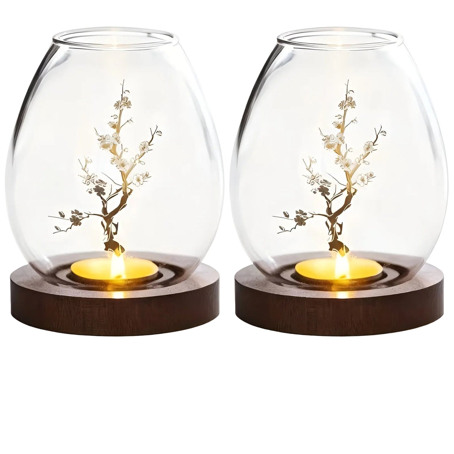 Elegant 2-Piece Glass Candle Holders with Wooden Base