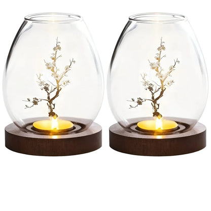 Elegant 2-Piece Glass Candle Holders with Wooden Base