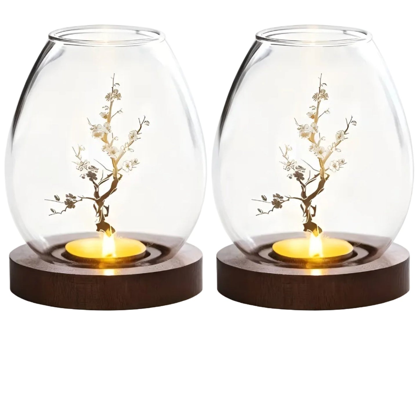 Elegant 2-Piece Glass Candle Holders with Wooden Base
