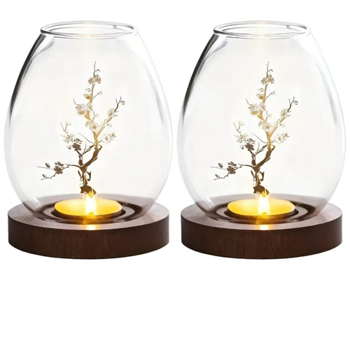 Elegant 2-Piece Glass Candle Holders with Wooden Base