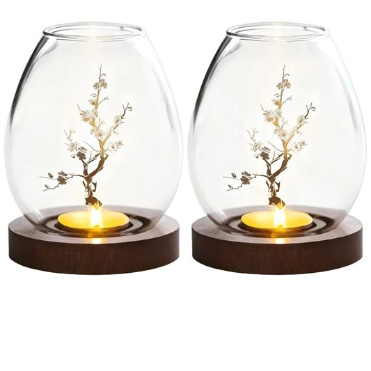 Elegant 2-Piece Glass Candle Holders with Wooden Base