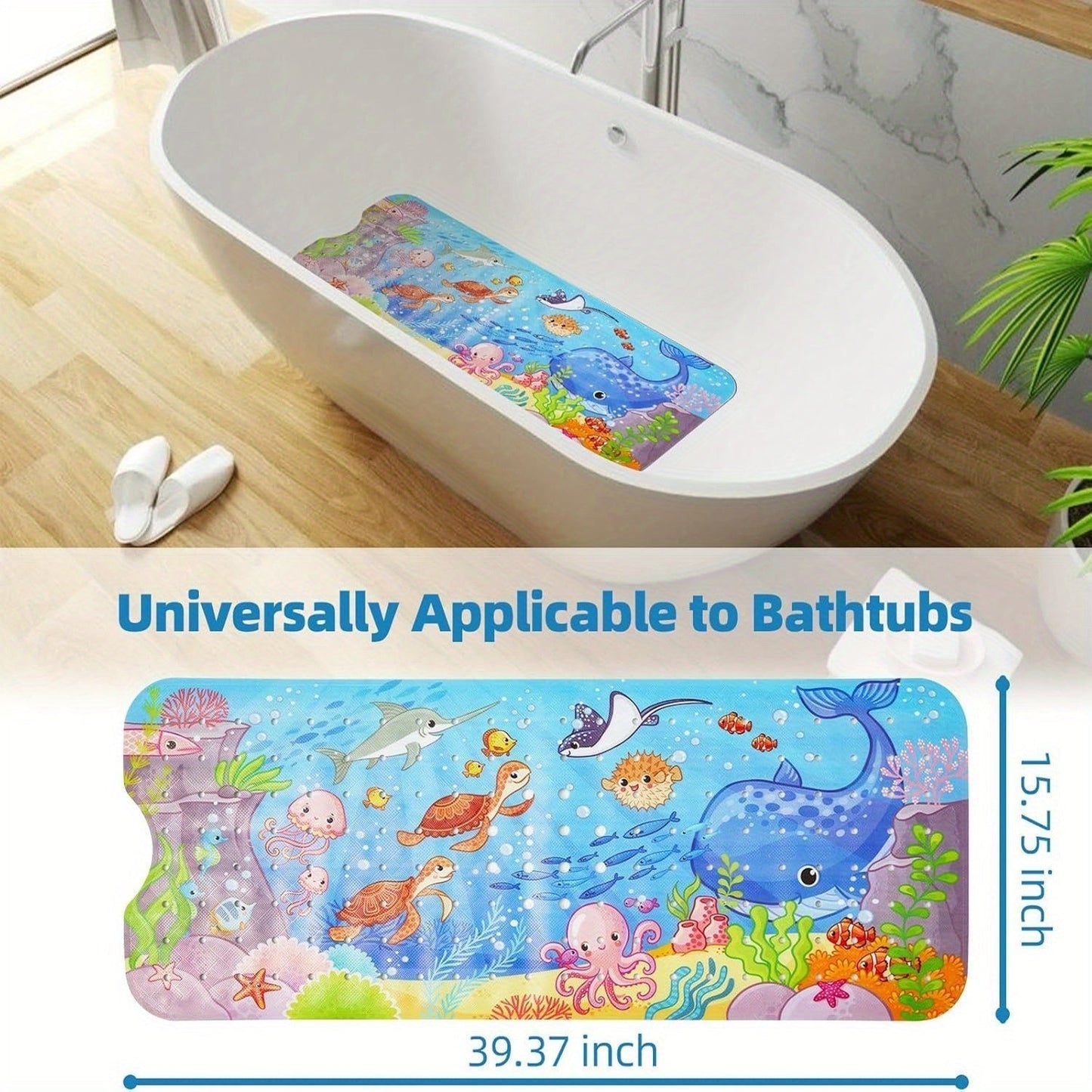Non-Slip Bathtub Mat with Colorful Ocean Design and Suction Cups - Washable