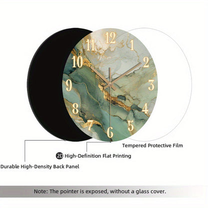 Round Silent Clock with Gold Accents – Abstract Marble and Wood Design