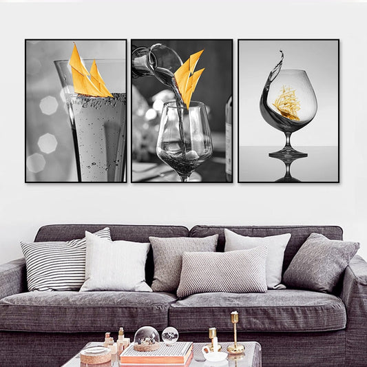 Boat Wall Art Canvas Painting with Black Wine Glass Design